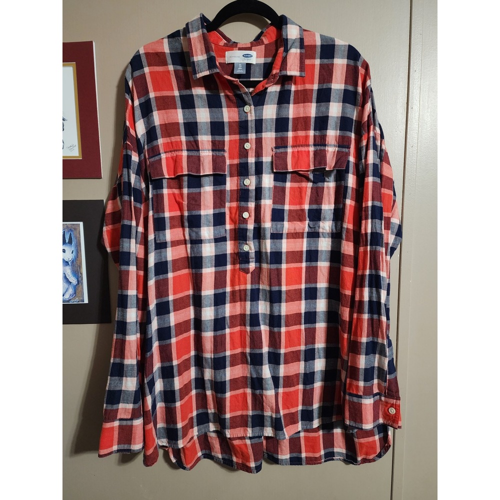 Old Navy Plaid Flannel Boyfriend‎ Shirt XL Tall Red Blue
